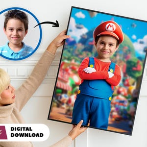 Super Mario Portrait - Mario personalisiertes Portrait - Leinwanddruck vom Foto - Wanddekoration - Mario personalisiertes Geschenk - Party 9155