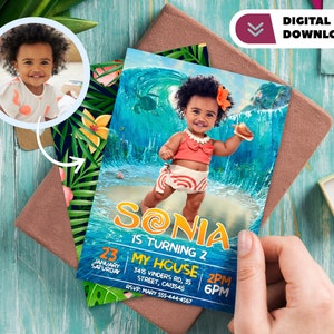 Gepersonaliseerde uitnodiging Moana met foto - Moana-verjaardagskaart - Feest 6873