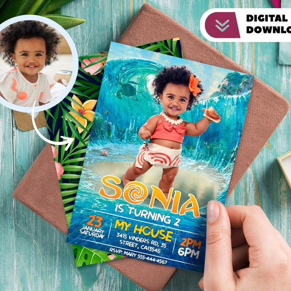 Moana personalized invitation with photo - Moana birthday card