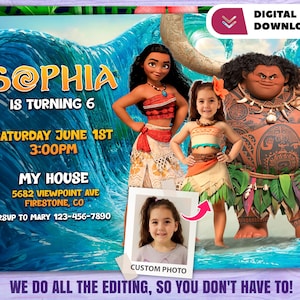 Gepersonaliseerde uitnodiging Moana met foto - Moana-verjaardagskaart - Feest 6873