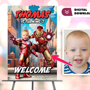 Placa de boas-vindas personalizada com foto do Homem de Ferro
