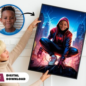 Benutzerdefinierte Superhelden Porträt - Spiderman personalisiertes Porträt - Druck vom Foto - Wanddekoration - Morales personalisiertes Geschenk