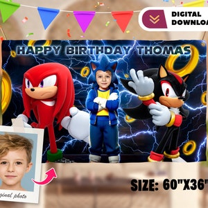 Banner digital personalizado con foto de Sonic - Banner de cumpleaños de Gamer - Fiesta 2107