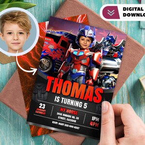 Robot gepersonaliseerd met foto verjaardagsuitnodiging - Autobots-verjaardagskaart - Robotfeest 7319