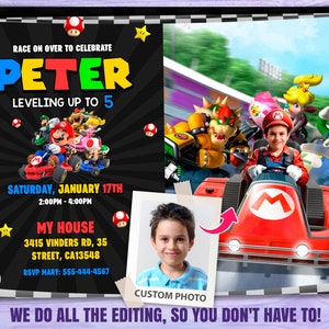 Kart personalizado com convite de aniversário com foto - festa Mario 9180
