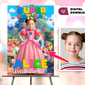 Gamer Girl personalizada com foto placa de boas-vindas de aniversário - Mario aniversário Welcome - Peach 9155