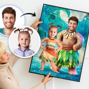 Individuelles Vater Tochter Porträt - Moana und Maui Style Geschenk - Druck vom Foto - Personalisiertes Geschenk