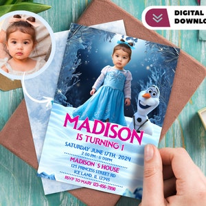 Faire-part bébé Elsa personnalisé avec photo - Carte d'anniversaire La Reine des neiges