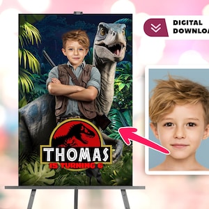 Dinosauro personalizzato con foto compleanno Cartello di benvenuto - Velociraptor compleanno Benvenuto - Festa 7728