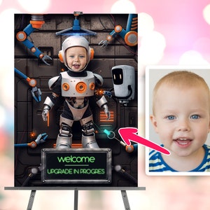 Robot personalized with photo birthday Welcome sign - Robot birthday Welcome - Party 7377