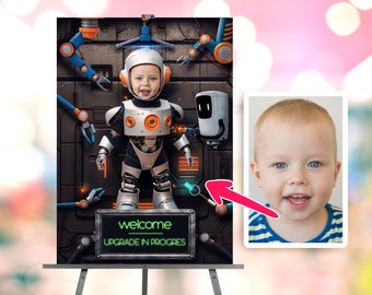 Robot personalized with photo birthday Welcome sign - Robot birthday Welcome - Party 7377