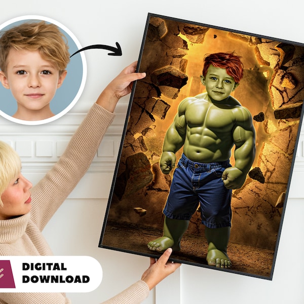 Retrato de superhéroe personalizado - Retrato personalizado de Hulk - Impresión desde foto - Decoración de pared
