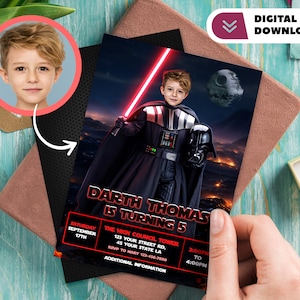 Darth Vader gepersonaliseerd met fotoverjaardagsuitnodiging - Darth Vader-verjaardagskaart - Starparty 4289