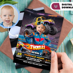 Einladung Personalisiert mit Foto Rennwagen, Birthday on Wheels, Monster Trucks Kundenspezifische Karte