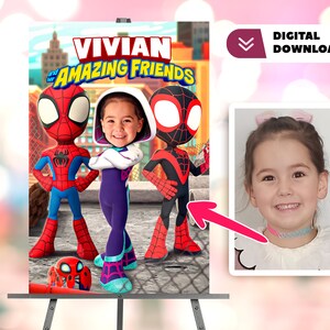 Cartel de bienvenida de cumpleaños personalizado con foto de Gwen y Spidey - Bienvenido de cumpleaños de Spidey - Fiesta 0283