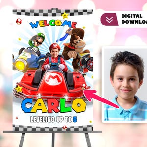 Mario Kart gepersonaliseerd met foto Digitaal welkomstbord - Mario-verjaardag Welkom - Feest 9180