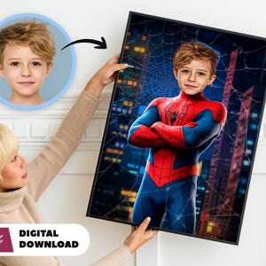 Benutzerdefinierte Superheld Digitales Porträt - Spiderman personalisiertes Porträt - Druck vom Foto - Wanddekoration - personalisiertes Geschenk
