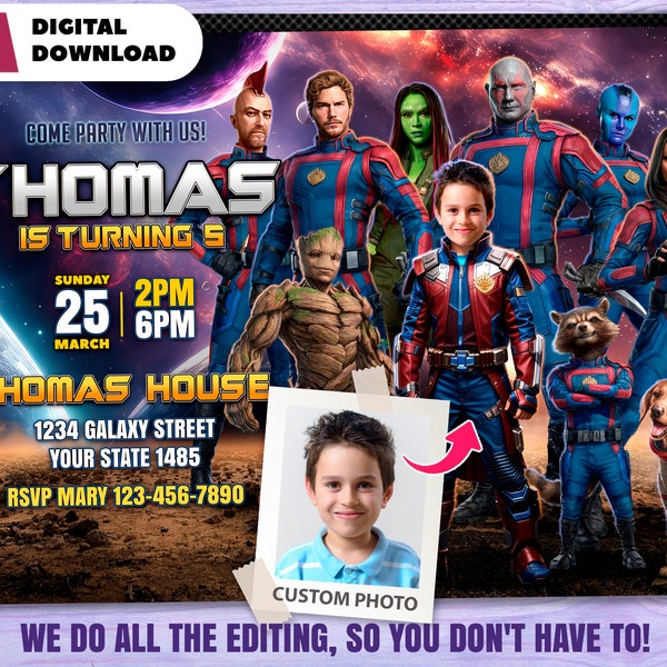 Guardians of the Galaxy personalized with photo birthday invitation - Guardians party 2450