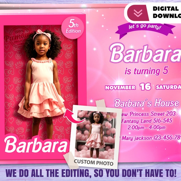 Doll Box personalized with photo birthday invitation - Doll party 2192