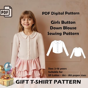 Pode incluir: Um padrão de costura digital PDF para uma blusa de botões para meninas. O padrão é adequado para tamanhos de 2 a 16 anos e pode ser impresso em papel US Letter, A4 ou AO. A imagem mostra uma menina pequena com uma blusa e uma saia rosa, juntamente com um desenho de linha do padrão da blusa.