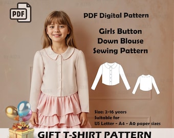 Girls Button Down Blouse Sewing Pattern | PDF, Sizes 2-16