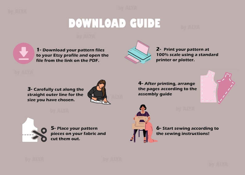 May include: A six-step guide for downloading, printing, cutting, and sewing a pattern. The guide includes illustrations of a download icon, a printer, a person cutting fabric, a person arranging pattern pieces, a person placing pattern pieces on fabric, and a person sewing.