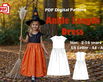 Girl's Gathered Ankle Dress Sewing Pattern (A4, A0, US Letter) (PDF Pattern)