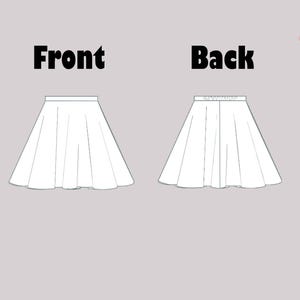 May include: A line drawing of a white skirt with a flared hem. The skirt is shown from the front and back.