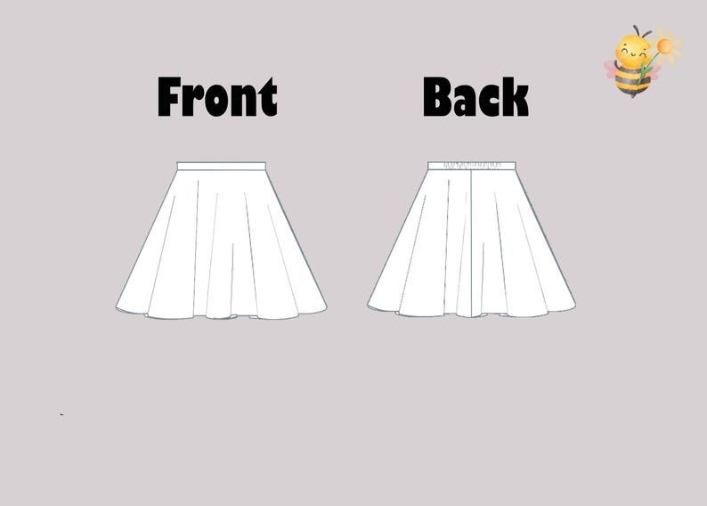 May include: A line drawing of a white skirt with a flared hem. The skirt is shown from the front and back.