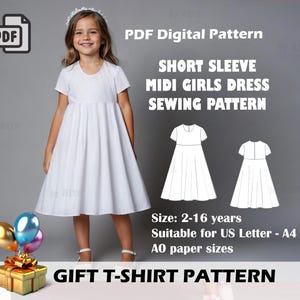 May include: PDF sewing pattern for a short-sleeved midi dress for girls, sizes 2-16 years. The pattern is suitable for US Letter, A4, and A0 paper sizes. The image shows a young girl wearing a white dress and a gift tag that says "Gift T-Shirt Pattern".
