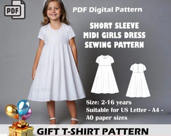 Girl's Midi Dress Sewing Pattern: Short Sleeve, Full Circle Skirt (PDF Download)