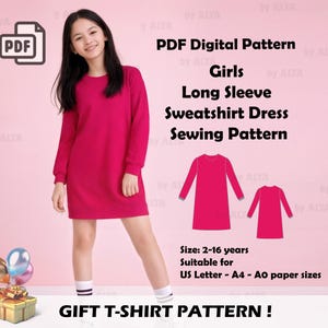 Puede incluir: Un patrón de costura de vestido de sudadera de manga larga magenta para niñas. La imagen incluye a una persona joven que lleva el vestido, junto con ilustraciones del vestido y el texto "PDF Digital Pattern" y "GIFT T-SHIRT PATTERN!"