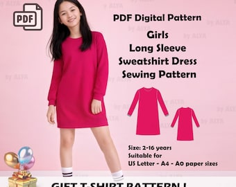 Girls Long Sleeve Sweatshirt Dress: Above Knee, Casual Fall Outfit(PDF Pattern)