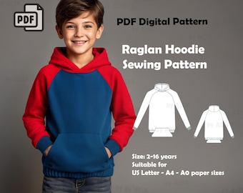 Raglan Hoodie Schnittmuster | Jungen Oversize Sweatshirt PDF | US 2–16 | Sofort Download