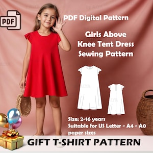 May include: PDF sewing pattern for a girls' above-the-knee tent dress. The pattern is suitable for US Letter, A4, and Ao paper sizes. The pattern includes instructions for sizes 2-16 years.