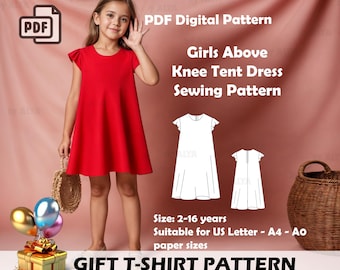 Girls Tent Dress Sewing Pattern: Flared Cap Sleeve (A4 A0 US DXF)