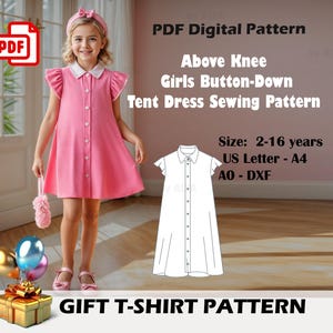 Puede incluir: Patrón de costura digital PDF para un vestido de tienda de botones para niñas. El patrón incluye tallas de 2 a 16 años y viene en formatos US Letter, A4 y AO. El patrón se muestra en un vestido rosa que lleva una niña.