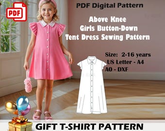 Girls Button-Down Tent Dress Sewing Pattern: Cap Sleeve (PDF)