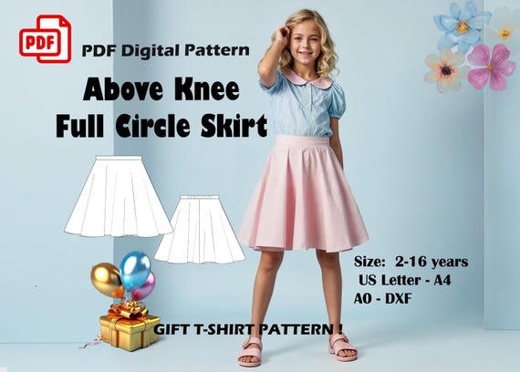 Full Circle Skirt for Girls Sewing Pattern, Sewing pattern For kids, Kid's Skirt Pattern, Summer Skirt pattern , A4 A0 US DXF, 2-16 Years