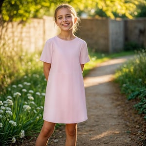 May include: A young person wearing a pink dress with short sleeves. The dress has a simple design and a straight cut. The person is standing on a path in a garden setting.