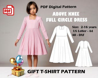 Girl's Long Sleeve Dress Sewing Pattern: Above Knee (A4/A0/US/DXF) (PDF Pattern)