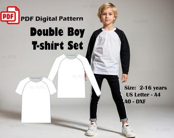 Boy's T-Shirt Sewing Pattern: Double Set (Sizes 2-16) (PDF Pattern)