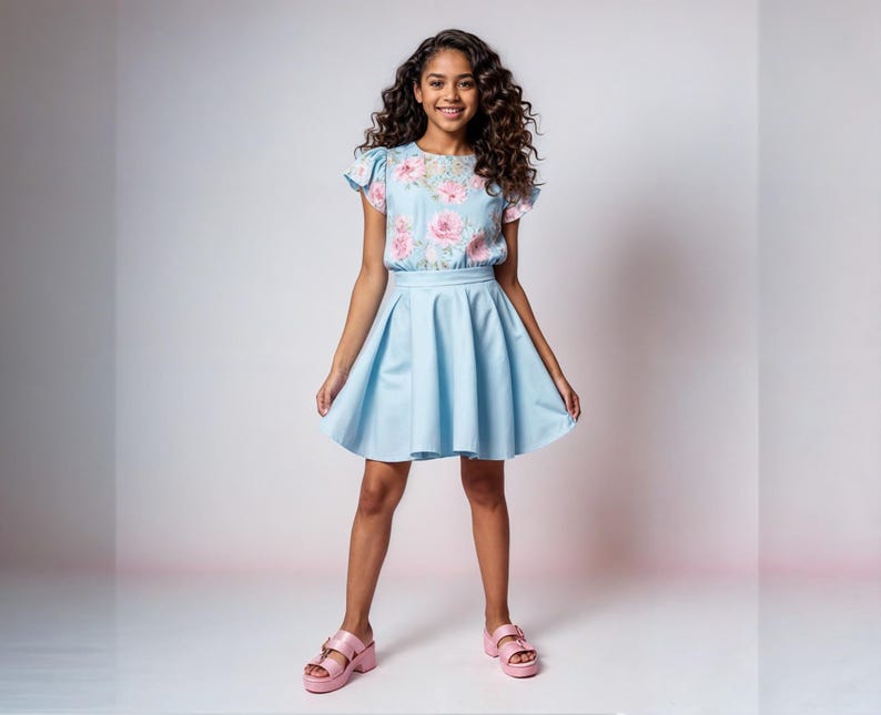 May include: A young person wearing a light blue dress with a floral print top and a matching skirt. The dress has a fitted bodice and a full skirt. The person is wearing pink sandals.