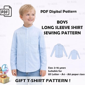 Puede incluir: Una camisa azul claro de manga larga con cuello mandarín y bolsillo en el pecho. La imagen también presenta un patrón de costura digital PDF para camisas de manga larga para niños, con tallas de 2 a 16 años. El patrón es adecuado para tamaños de papel US Letter y A4-A0.