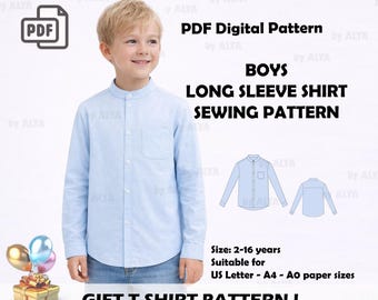 Boys Long Sleeve Shirt Sewing Pattern PDF | Collar Cuffs Placket | US 2–16 | Instant Download