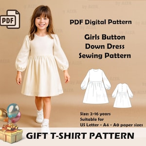 Peut inclure: Une jeune fille porte une robe crème boutonnée à manches longues. L'image comprend un patron numérique PDF pour une robe de fille, avec le texte "Girls Button Down Dress Sewing Pattern". Le patron convient aux enfants de 2 à 16 ans.