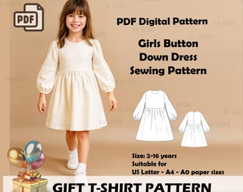 Girls Button Down Dress Sewing Pattern: Flared Sleeve PDF (Sizes 2-16 Years)