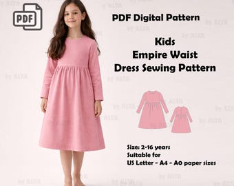Kids Empire Waist Dress Sewing Pattern PDF | Long Sleeve Grils Dress | US 2–16