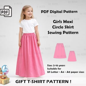 May include: A girl in a white top and a long pink maxi skirt. The image features text: "PDF Digital Pattern Girls Maxi Circle Skirt Sewing Pattern". There is also a gift box and balloons in the image.
