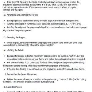 May include: A guide on how to assemble and prepare a fabric pattern for cutting. The steps include printing, arranging, securing, cutting, and labelling the pattern pieces.